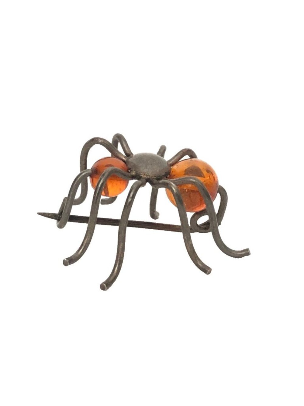 Antique Victorian Bug Jewelry Amber 1 1/8" Spider Pin Brooch Sterling Silver